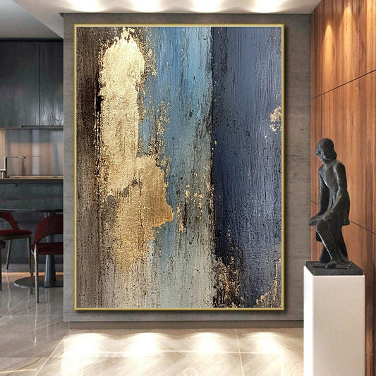 Handmade Art Blue, Black, and Gold Textured Abstract Art HS184