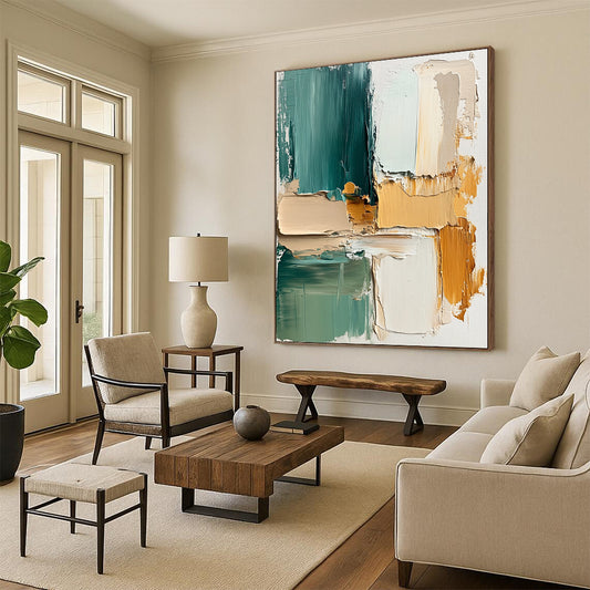 Hand Painted Art Teal and Neutral Geometric Abstract Painting HS173