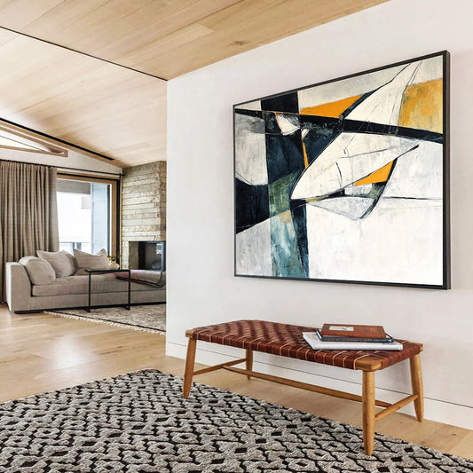 Modern Art Abstract Paintings with Black, White, Orange and Teal Colors, Geometric Abstract Theme WB312