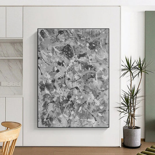 Unique Abstract Art Gray Splatter Abstract, Large Contemporary Wall Art HS459
