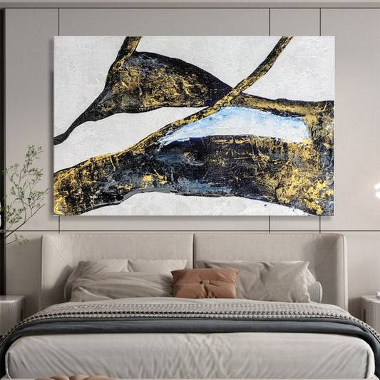 Black, Gold, Blue Abstract Shapes Painting, Abstract Acrylic Art WB009