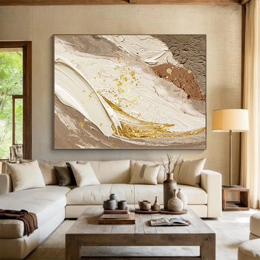 Handmade Art Beige, Gold, and Brown Abstract Textured Painting For Sale HS072