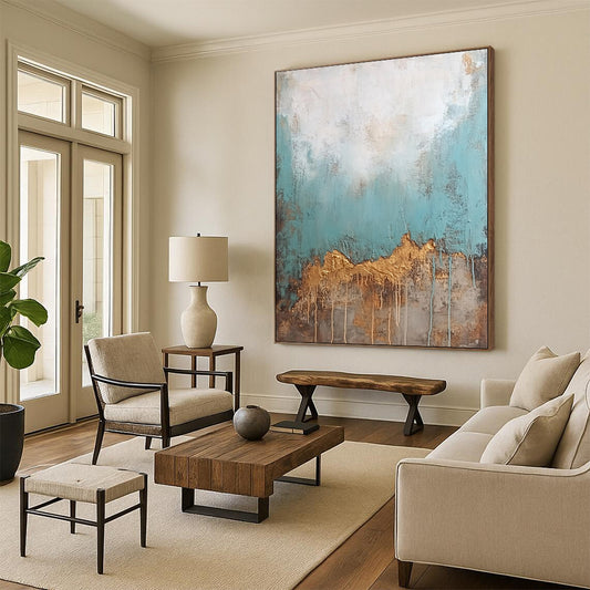 Hand Painted Art Teal, Gold, and Brown Abstract Textured Painting For Sale HS149