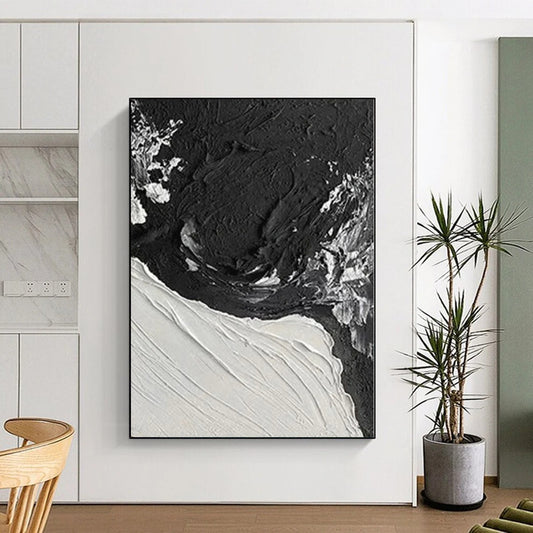Hand-Painted Black and White Textured Abstract Contrast Painting For Sale HS019