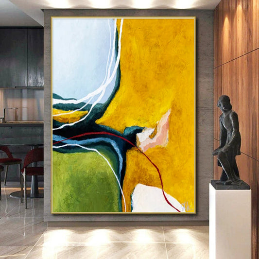 Unique Abstract Art Yellow, Green, and White Dynamic Abstract Painting On Canvas HS823