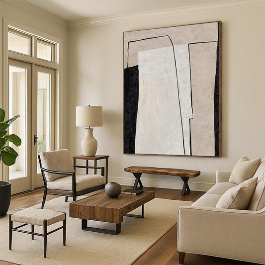 Hand Painted Art Beige, Black, and White Geometric Abstract Art HS698