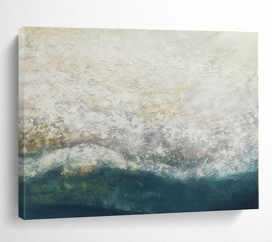 Large Size White and Teal Abstract Ocean Wave Painting WB081