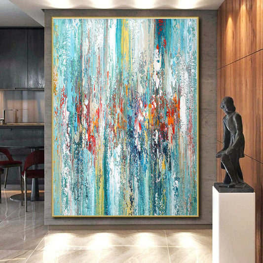 Hand-Painted Turquoise, Red & Yellow Abstract Vertical Strokes Art HS381