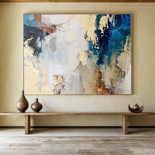 Blue, Beige, Gold Abstract Painting – Expressive Acrylic Art WB044