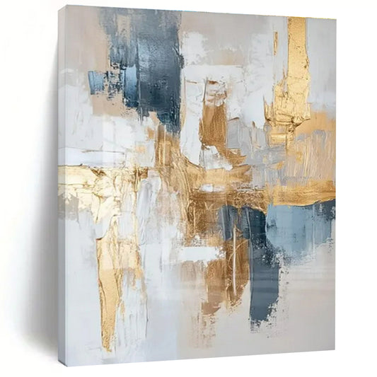 Hand Painted Art Gold, Blue, and White Textured Abstract Art HS732
