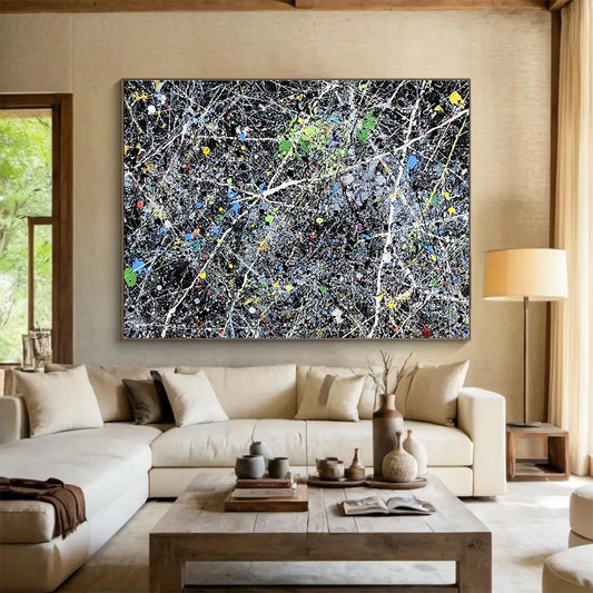 Contemporary Abstract Art with Multicolored Splatters and Black Background, Pollock - Style Abstract Theme WB311