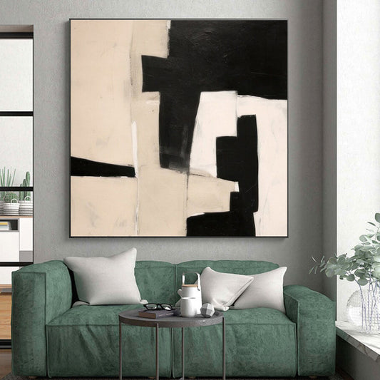 Large Contemporary Wall Art Black, White, and Beige Geometric Abstract Art HS667