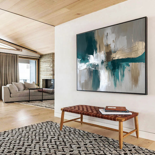 Extra Large Size Teal, Gold, Beige, and White Abstract Textured Art - Acrylic Painting WB299