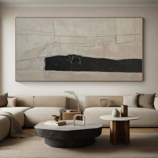 Hand-Painted Beige and Black Abstract Geometric Line Painting For Sale HS027