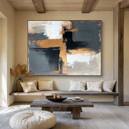 Contemporary Abstract Art with Black, White, Gold and Gray Colors, Minimalist Geometric Abstract Theme WB329