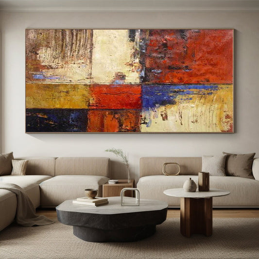 Big Painting Red, Blue, Yellow & Brown Abstract Geometric Blocks Art HS385