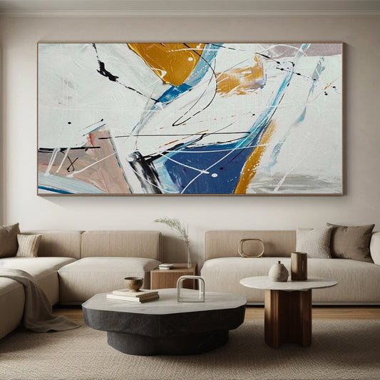 Big Painting Blue, Gold & White Gestural Abstract, Acrylic Modern Art Painting HS219
