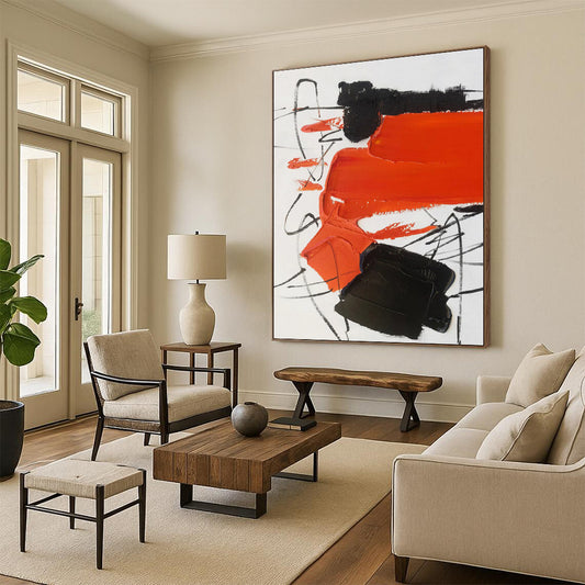 Modern Art Acrylic with Orange, Black and White Colors, Bold Abstract Theme HS477