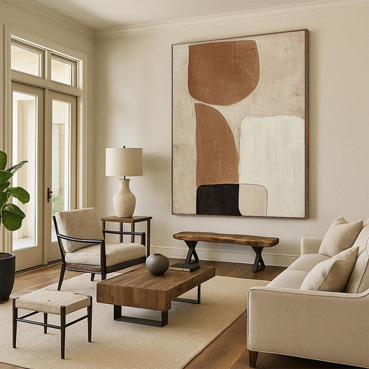 Hand Painting Beige, Brown, and Black Abstract Shape Painting For Sale HS079