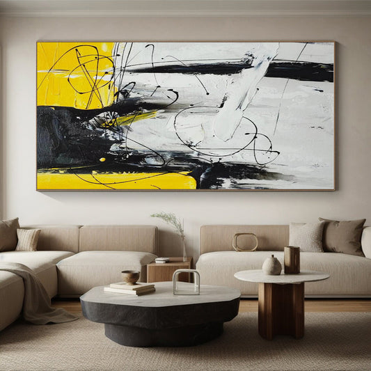 Big Painting Yellow, Black & White Abstract Dynamic Line Art HS405