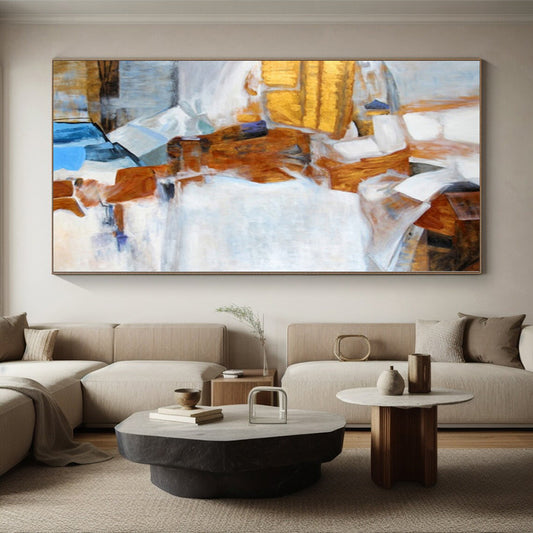 Hand-Painted Brown, White, and Blue Geometric Abstract Painting For Sale HS003