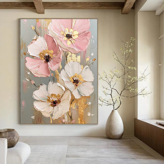 Pink, White, Gold Abstract Floral Art For Bedroom and Dining Room WS437