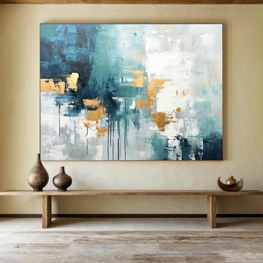 Extra Large Size Teal, Gold and White Abstract Expressionist Painting WB204