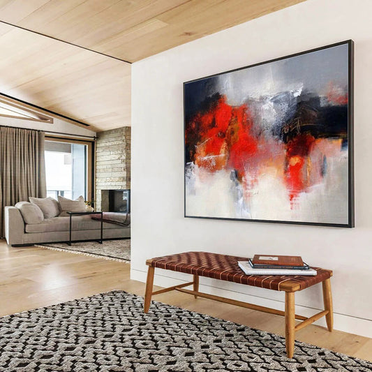 Oversized Canvas Art Red, Gray and White Abstract Expressionist Painting WB102