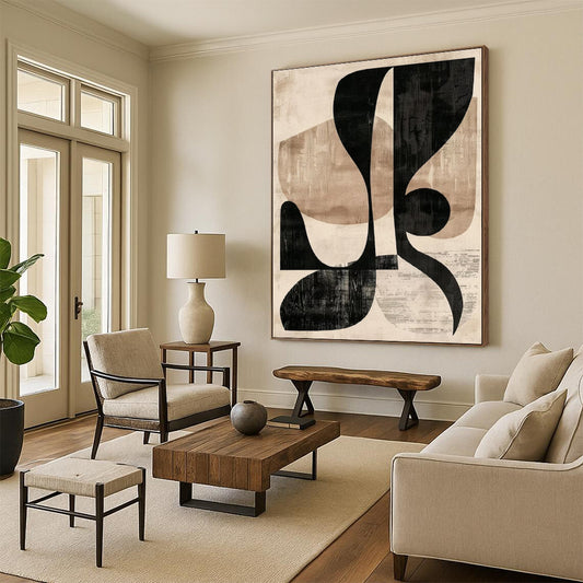 Unique Abstract Art Black & Beige Geometric Abstract, Large Contemporary Wall Art HS433