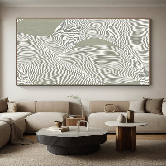 Hand Painted Art Green and White Linear Abstract Art HS192
