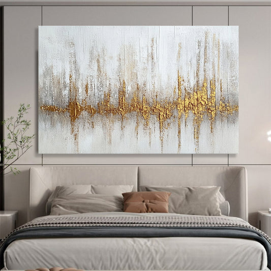 Oversized Canvas Art White, Gold, and Gray Abstract Soundwave - Acrylic Painting WB293
