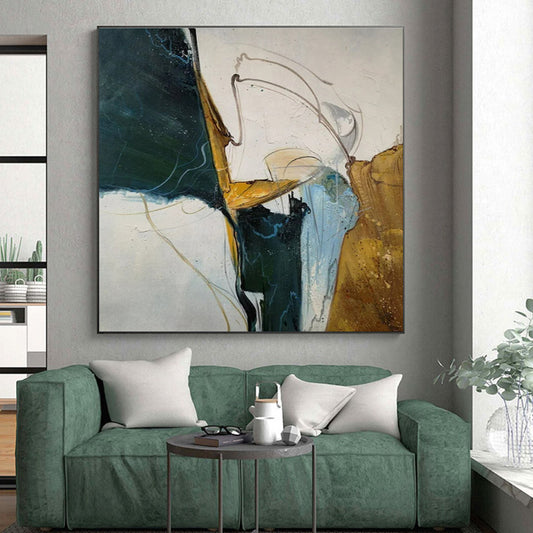Unique Abstract Art Green, Gold, and White Dynamic Abstract Painting On Canvas HS810