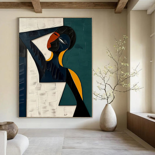 Teal, Orange, Black Abstract Figurative Art For Living Room and Bedroom WS423