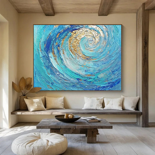 Oversized Canvas Art in Blue and Gold Textured Spiral Abstract Style WB257