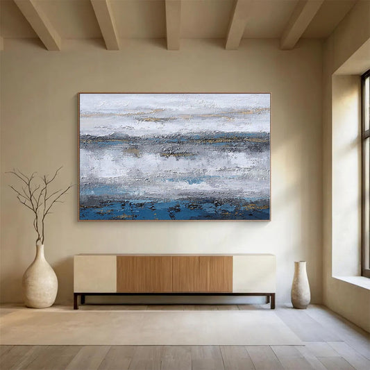 Extra Large Size Blue, Gray and Gold Abstract Textured Landscape Painting WB124