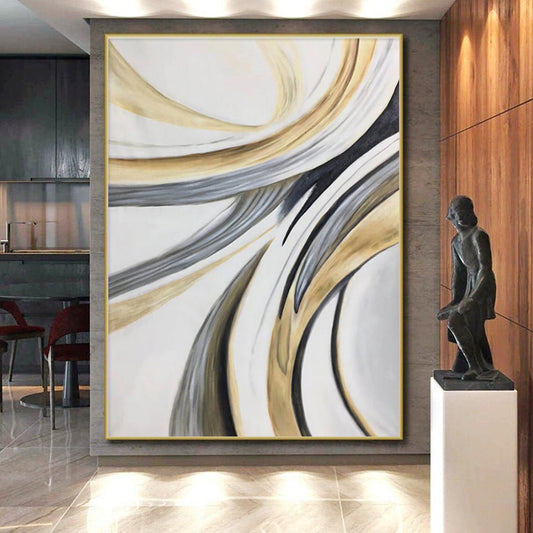 Hand-Painted Gold, Gray & Black Abstract Flowing Shape Art HS407