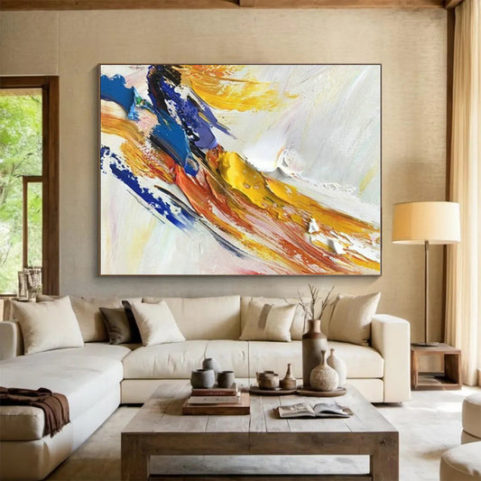 Handmade Art Unique Abstract Art with Yellow, Blue, Red, White Textured Brushstrokes - Acrylic Modern Art Painting HS520