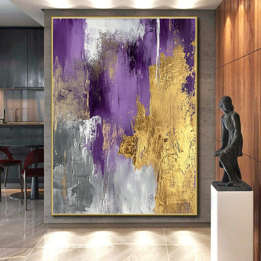 Unique Abstract Art Purple and Gold Abstract Textured Painting For Sale HS112