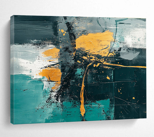 Contemporary Abstract Painting with Teal, Gold, Black and White Colors, Expressive Abstract Theme WB327