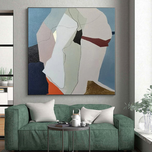 Hand-Painted Blue, Beige, and Gold Abstract Geometric Shape Painting For Sale HS020