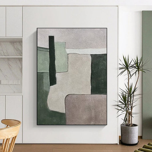 Unique Abstract Art Green & Beige Geometric Abstract, Large Contemporary Wall Art HS436