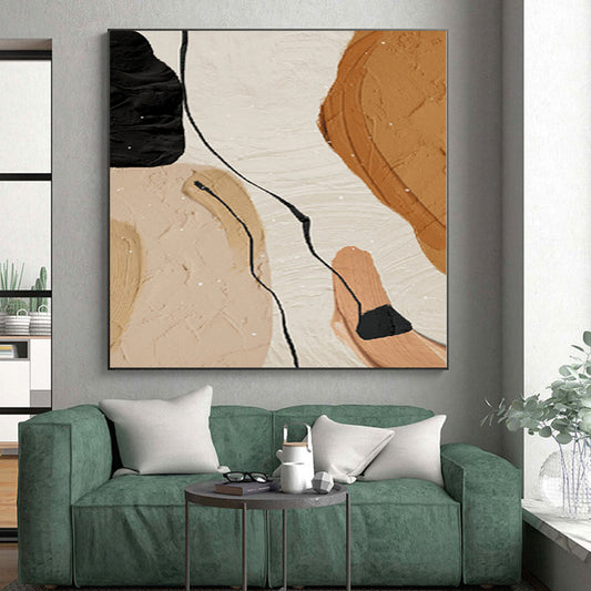 Handmade Art Beige, Brown, and Black Abstract Shape Painting For Sale HS083