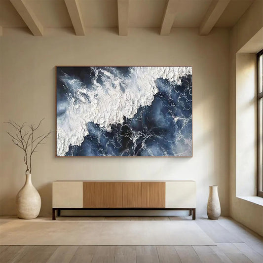 Oversized Canvas Art in Dark Blue and White Abstract Wave Style WB225