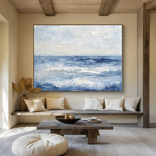 Extra Large Size Blue, White, and Gray Textured Abstract Seascape - Acrylic Painting WB291