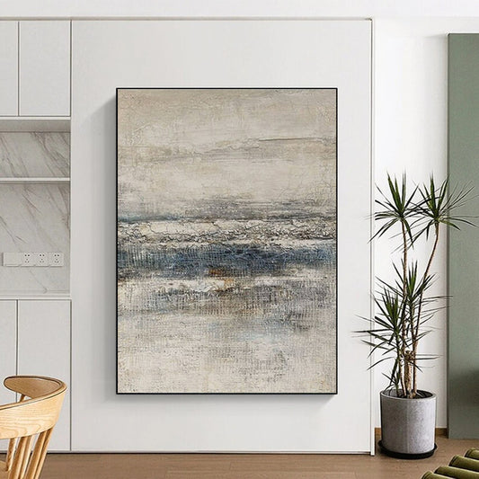 Hand Painted Art Beige, Gray, and Blue Textured Abstract Landscape HS627