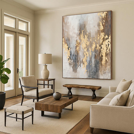 Large Size Acrylic Modern Art Paintings with Gold, Gray, Brown Textures - Oversized Abstract Wall Art HS503