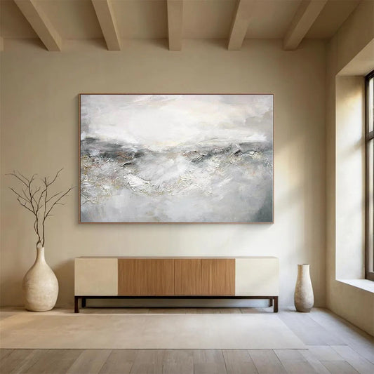 Huge Size Gray and White Abstract Misty Landscape Painting WB107