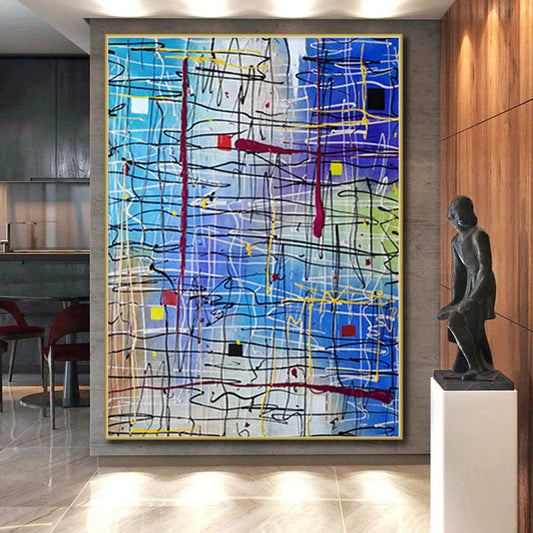 Unique Abstract Paintings Blue and Multicolor Line Abstract Painting For Sale HS099