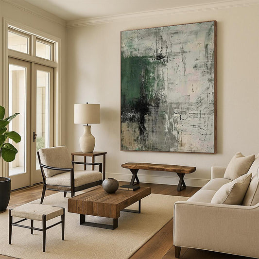 Modern Art Acrylic Green, Gray, and Neutral Textured Abstract Composition HS598