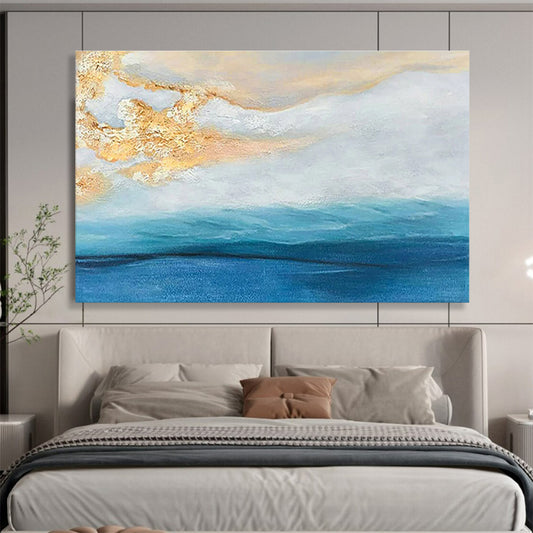 Contemporary Abstract Painting: Blue and Gold Coastal Sunset Abstract Painting WB341